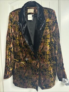 We The Free Velvet Floral Blazer in Black with Gold & Pink Flowers